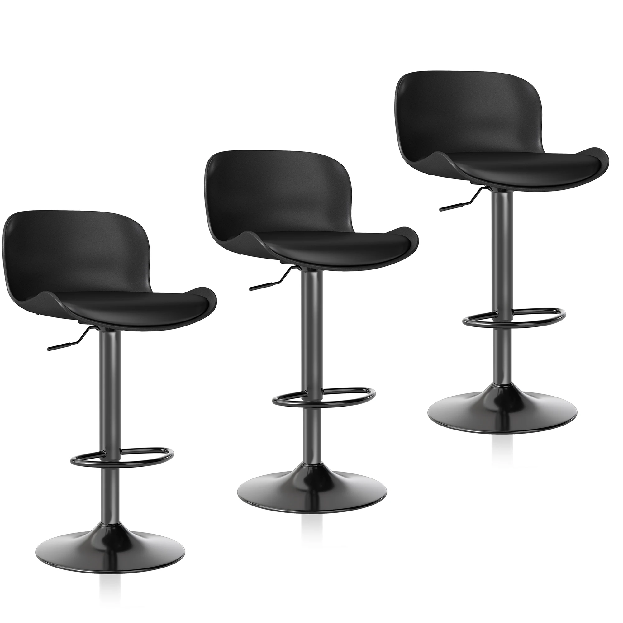 Bar stool Set of 3, 360° swivel chair, height-adjustable, Barstool with Backrest and Footrest, Black