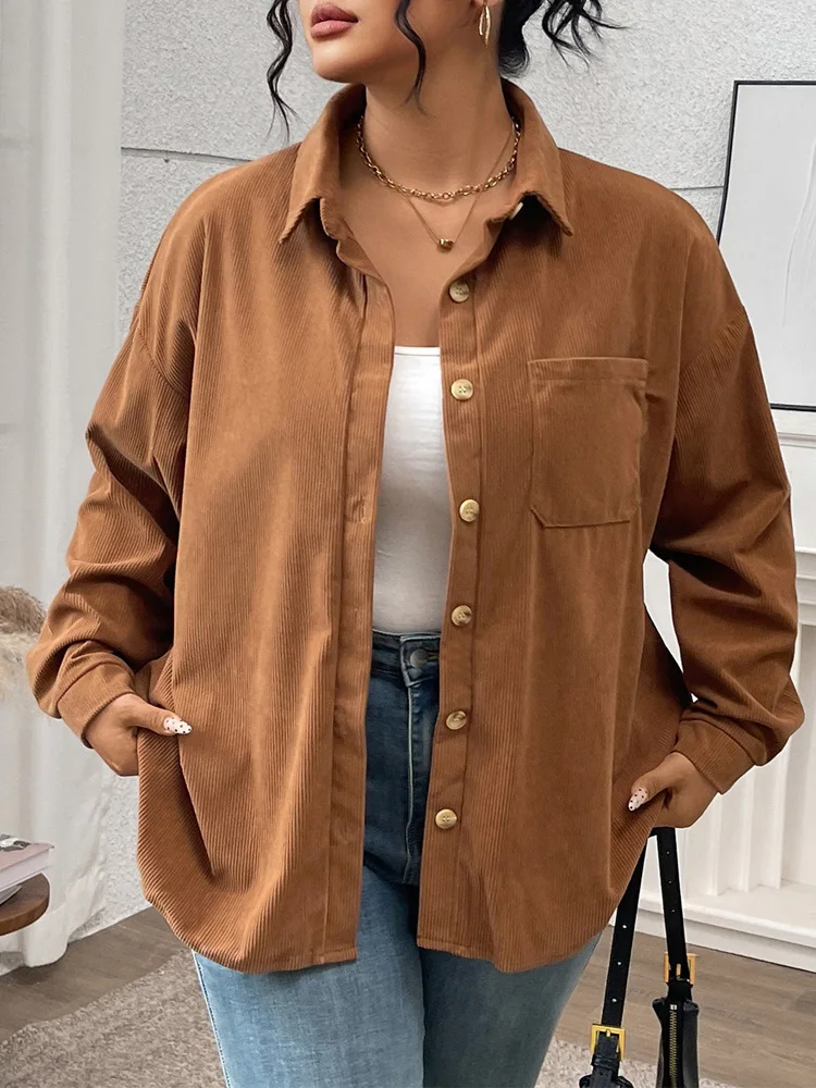 GIBSIE حجم كبير الصلبة واحدة الصدر سروال قصير قميص سترة المرأة 2025 الخريف والشتاء ملابس خارجية عادية كم طويل بلايز #3