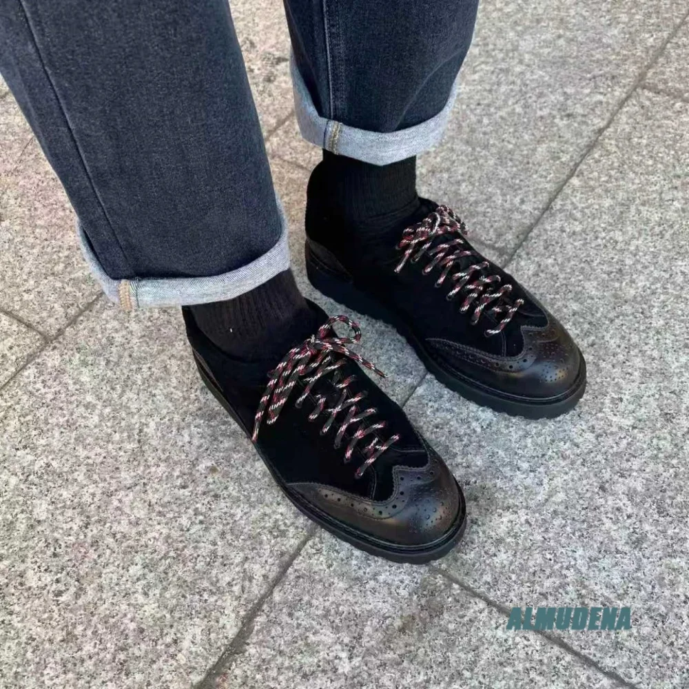 Retro Men Brogue High-Top Casual Shoes Lace-Up Thick Sole Short Boots Trendy Spring Autumn Street Style Outdoor Walking Shoes