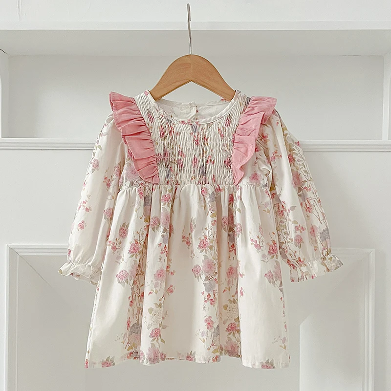 

1-6Y Casual Autumn Kids Girls Dress Floral Kids Clothes Pink Ruffled Patchwork Baby Girl Princess Dress New Flower Girl Dresses