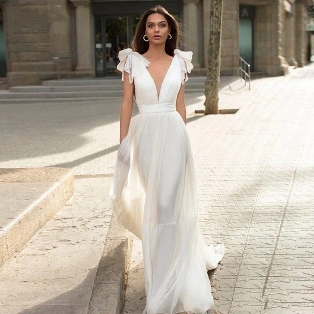 LISER Chiffon Wedding Dress V-Neck For Women Elegant A-line Spaghetti Straps With Bow Open Back Bridal Gown