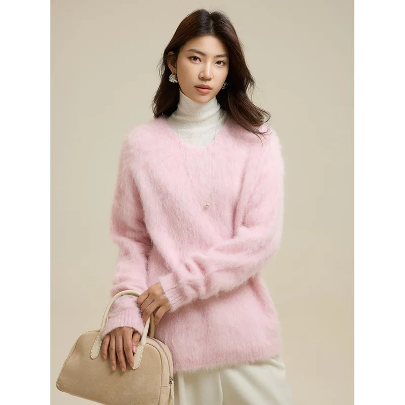 Winter V-neck Alpaca Wool Sweater Women Soft Long Sleeve Loose Warm Fleece Pullovers