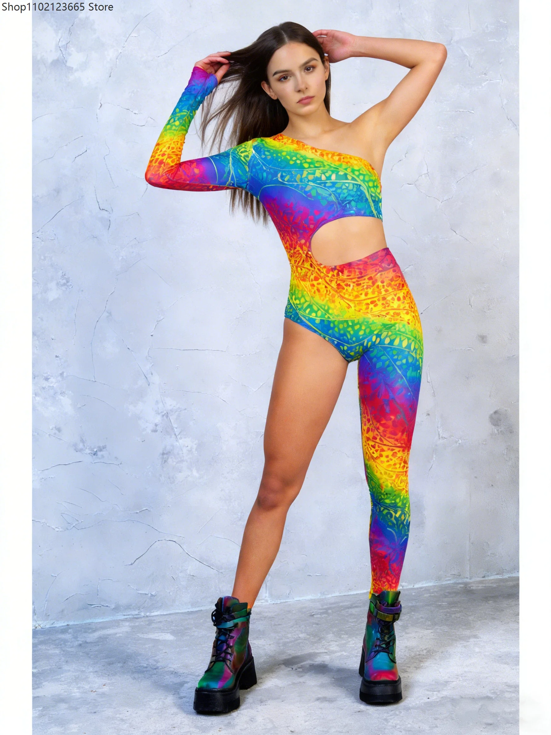 Holiday Art Jumpsuit Halloween Cosplay Women's Rainbow Carnival Bodysuit Leggings Carnival Party Masquerade Ball One-arm Tight view 5