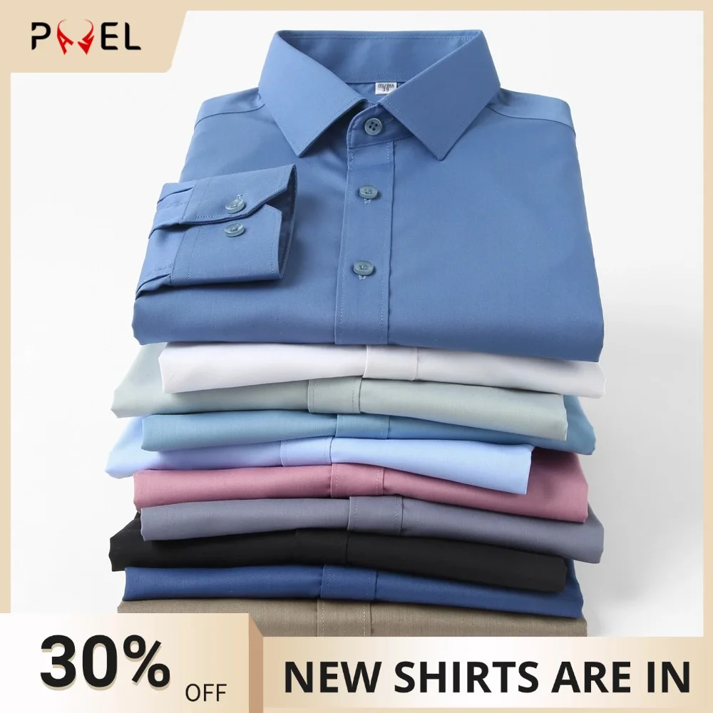 

Men's Sleek Stretch Long Sleeve Wrinkle-Free Dress Shirt without Pocket, Formal Business Solid Color Button-up Menswear Clothing