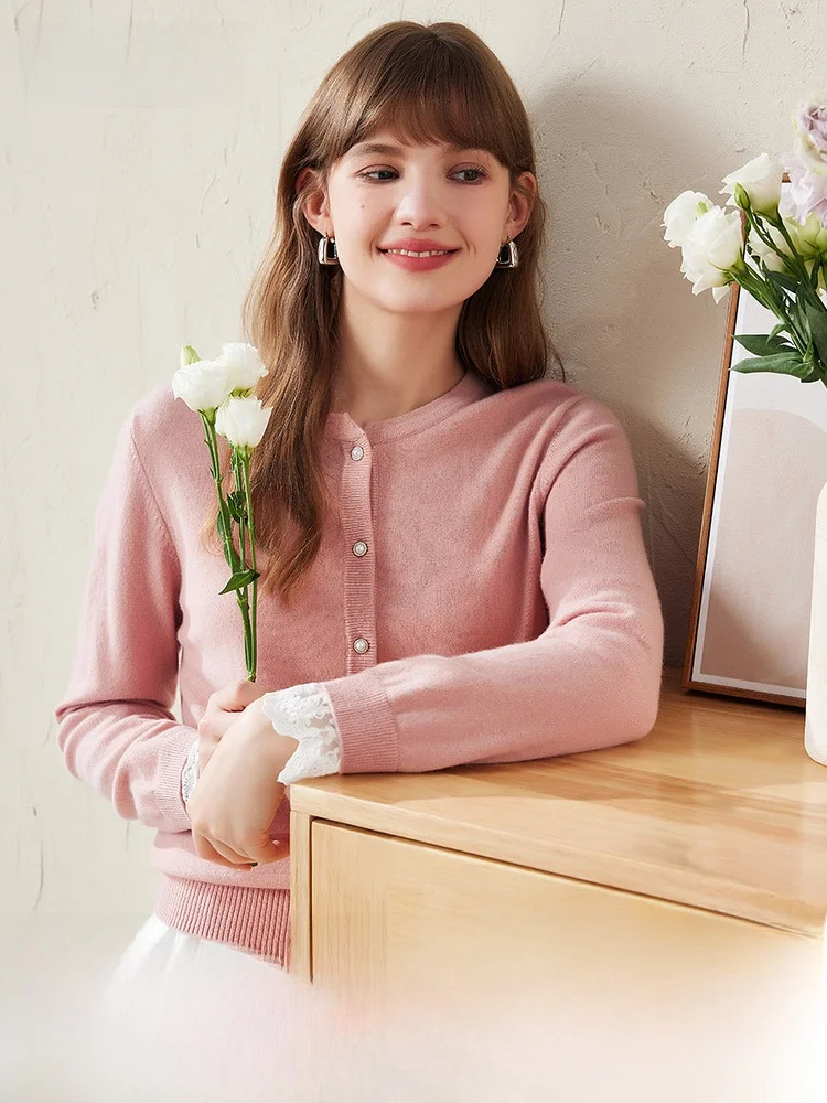 

Cboca Autumn Winter New Sle Women's Knitted Woolen Cardigan round Ne Lace Splicing Long Sve Red Outerwear Coat