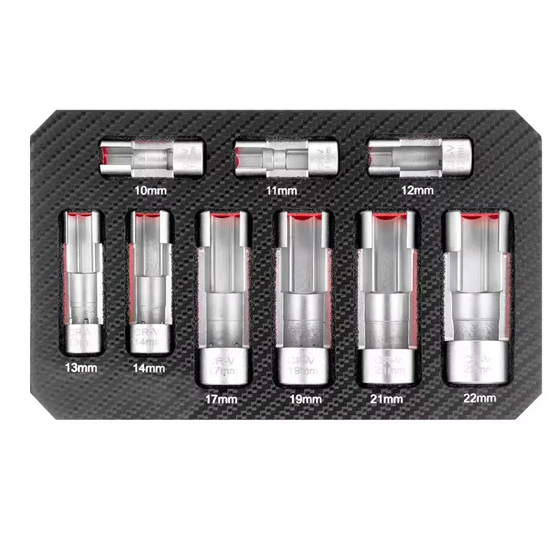 9-Piece Open Oil Pipe Disassembly Slotted Oxygen Sensor Wrench Expansion Nut Socket Group Fuel Injection Hex Repair Tool Set
