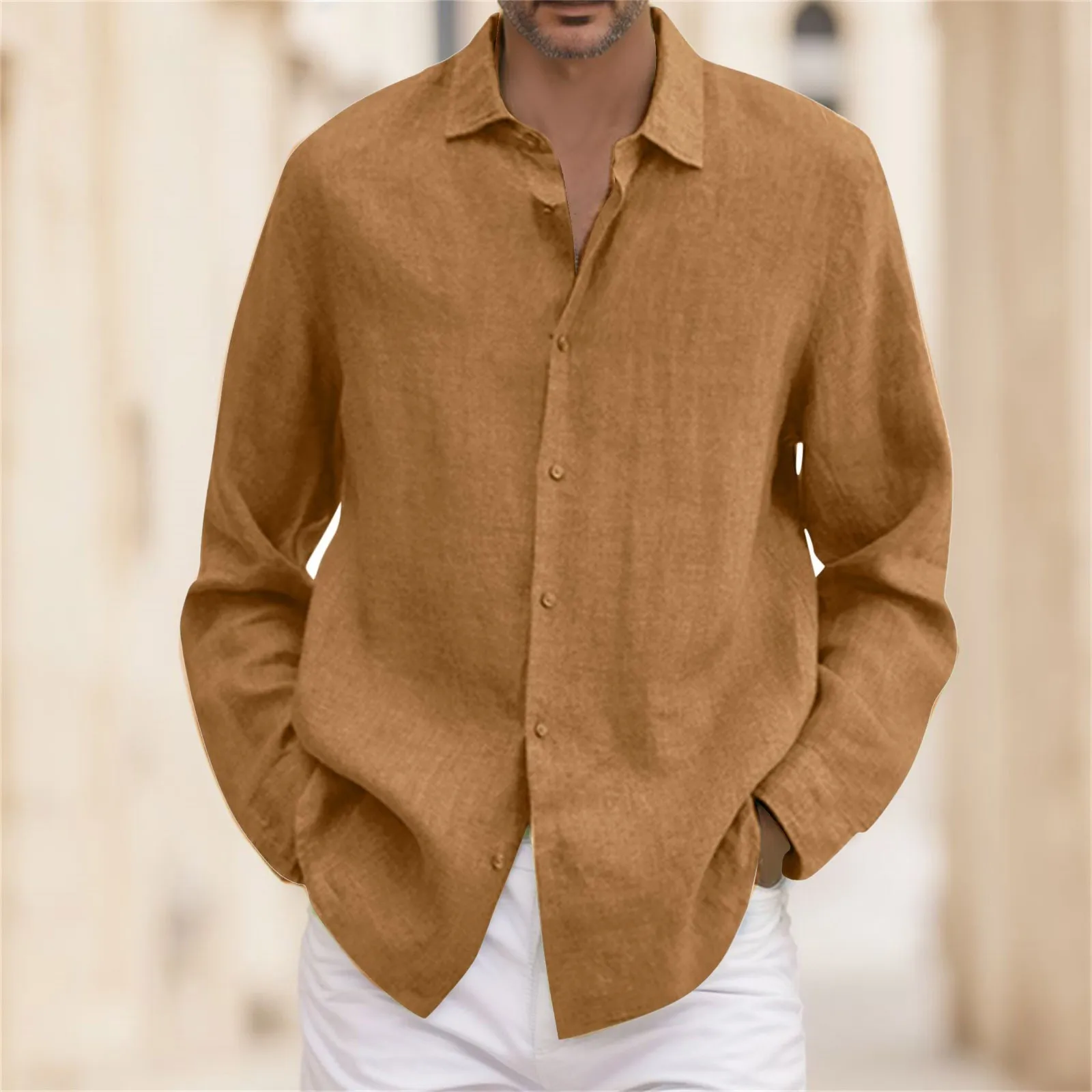 Men Summer Solid Color Shirt Casual Plus Size Loose Tops Turndown Long Sleeve Cotton Linen Shirt Button Up Blouse Street Beach