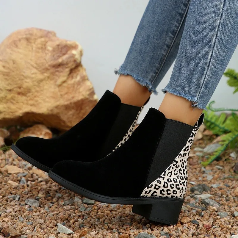 Leopard Print Design Modern Boots Low-heeled Color-blocked 2024 Winter New Retro Fashion Simple Women's Fashion Short Boots