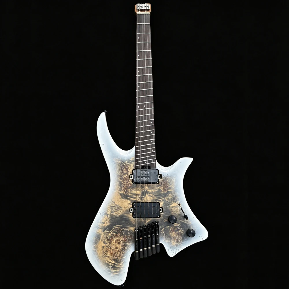 Headless Electric Guitar White Burst Finish Burl Maple Top Oblique Frets 5 Piece Roast Maple Neck Stainless Steel Frets 6 String