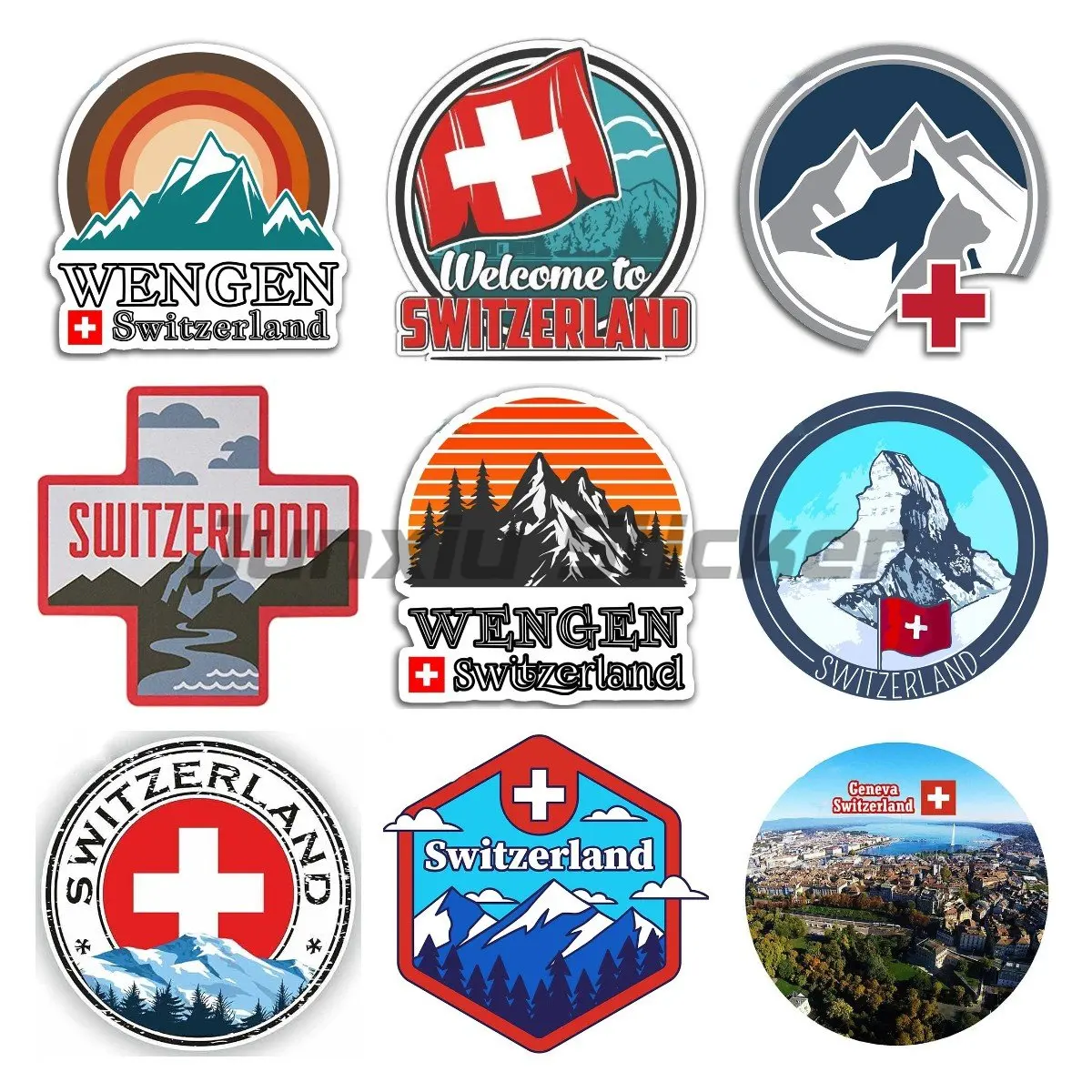 

Swiss Alps Switzerland Vinyl Car Sticker Travel Luggage Mountains Ski Surf Skateboarding Hip Hop Decals Car Styling
