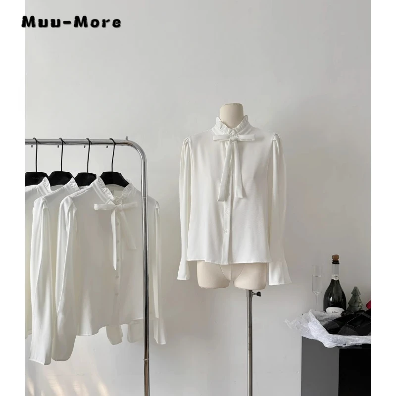 

French Style Elegant Bow Decoration Solid Color Luxury Blouses 2024 Spring Women Office Lady Long Sleeve Chiffon Shirts Top
