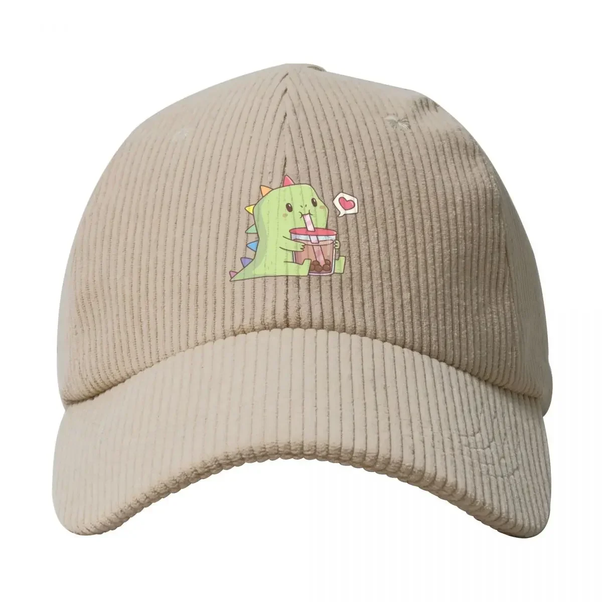 Cute Dino with Rainbow Spikes Loves Bubble Tea Corduroy Baseball Cap Fishing cap Luxury Hat Men's Baseball Women's