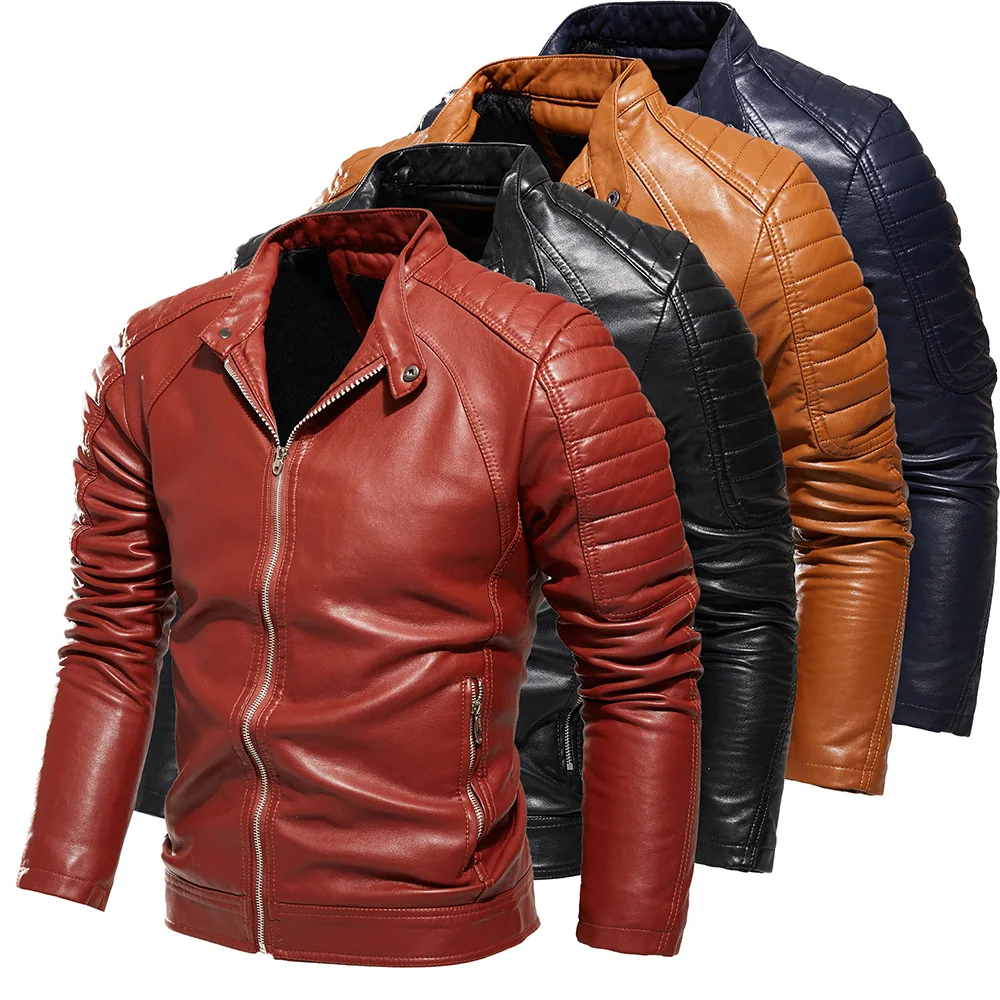 

Autumn New Men's Motorcycle Solid Color PU Leather Fleece Jacket