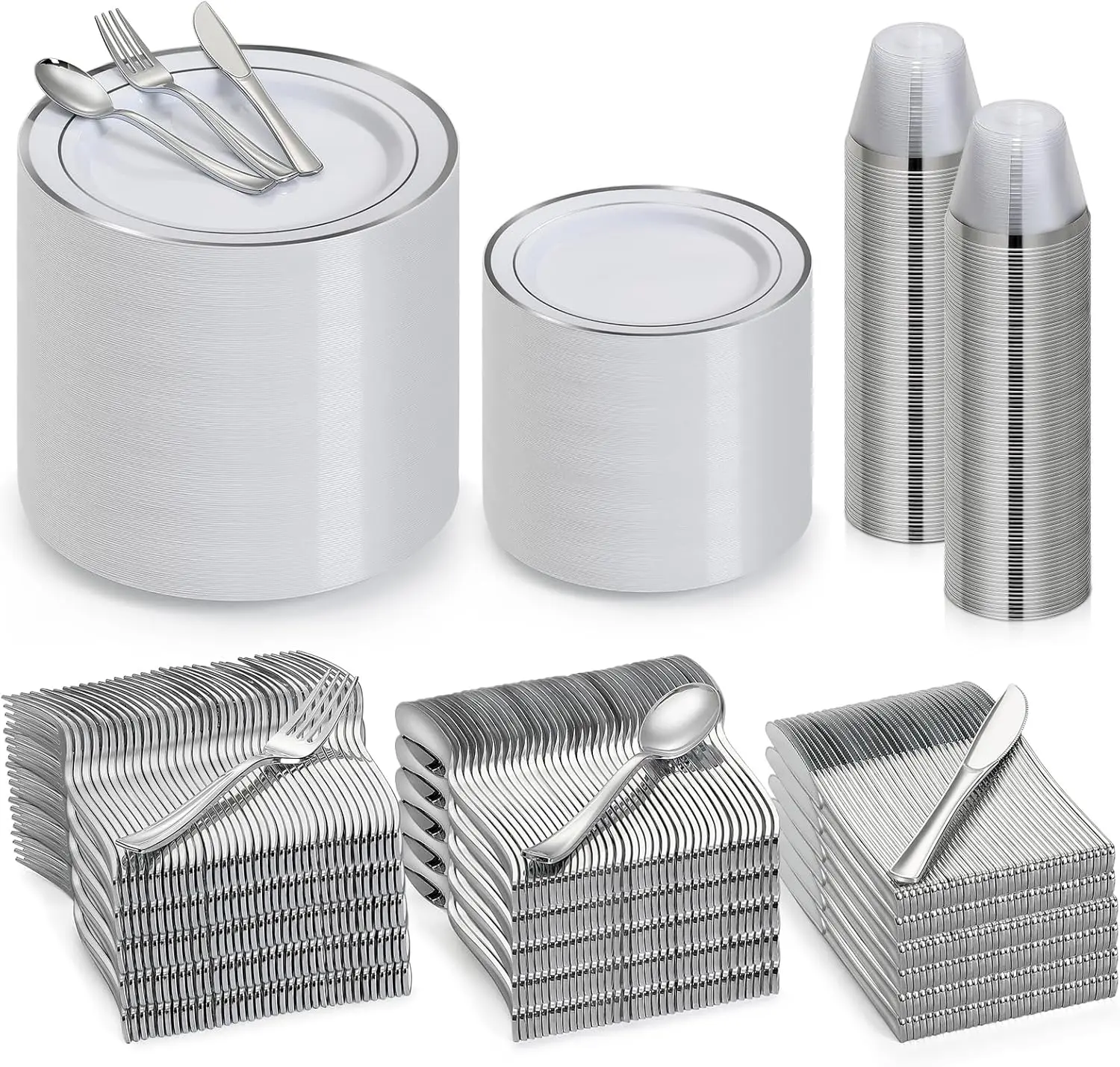 AOZITA 600 Pcs Silver Plastic Dinnerware Set for 100 Guests, Disposable Plastic