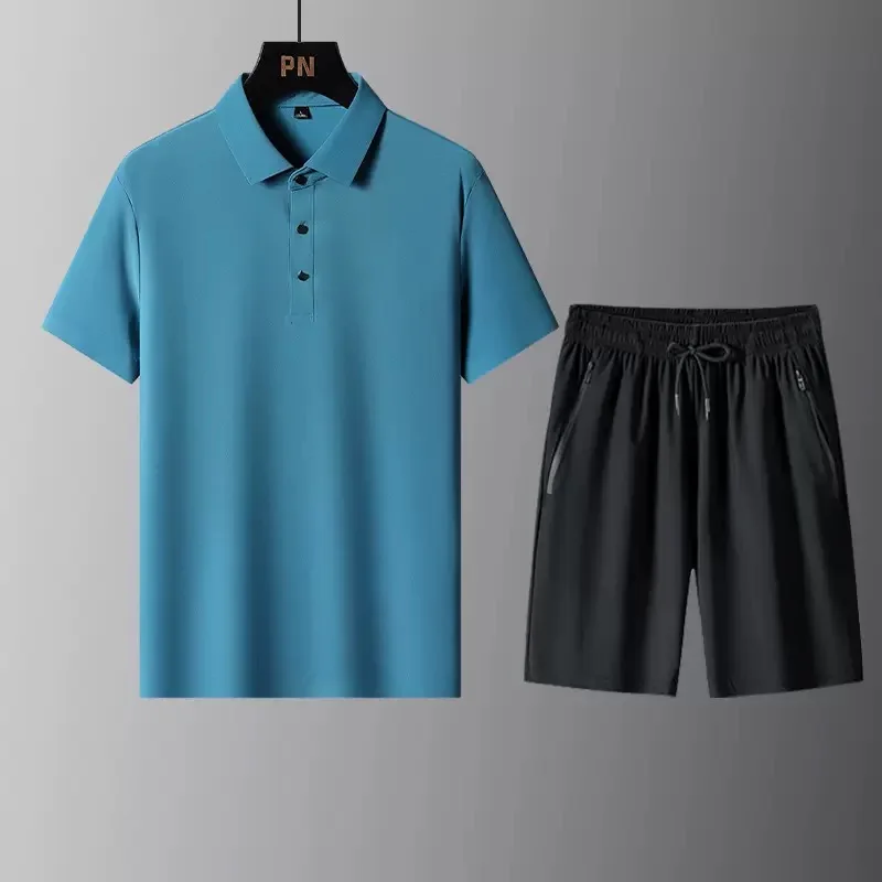 Conjunto de Camiseta Polo de Manga Corta, Color Sólido, Cómodo y Transpirable, para Hombre, Estilo Casual, Deportivo, Talla Grande, Dos Piezas
