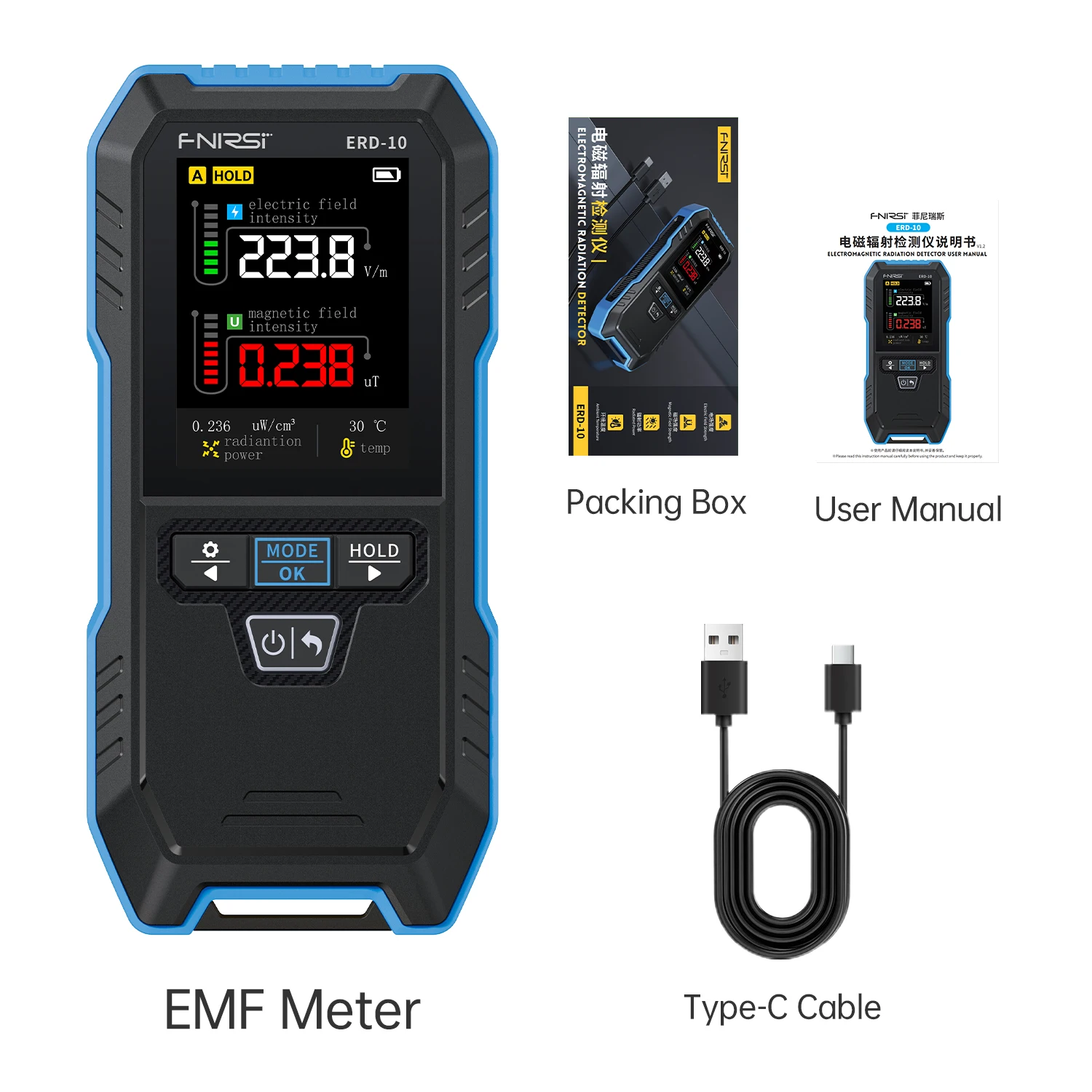 

FNIRSI EMF Meter Color Screen Electromagnetic Radiation Detector Electric & Magnetic Field Strength RF Power Temperature Monitor