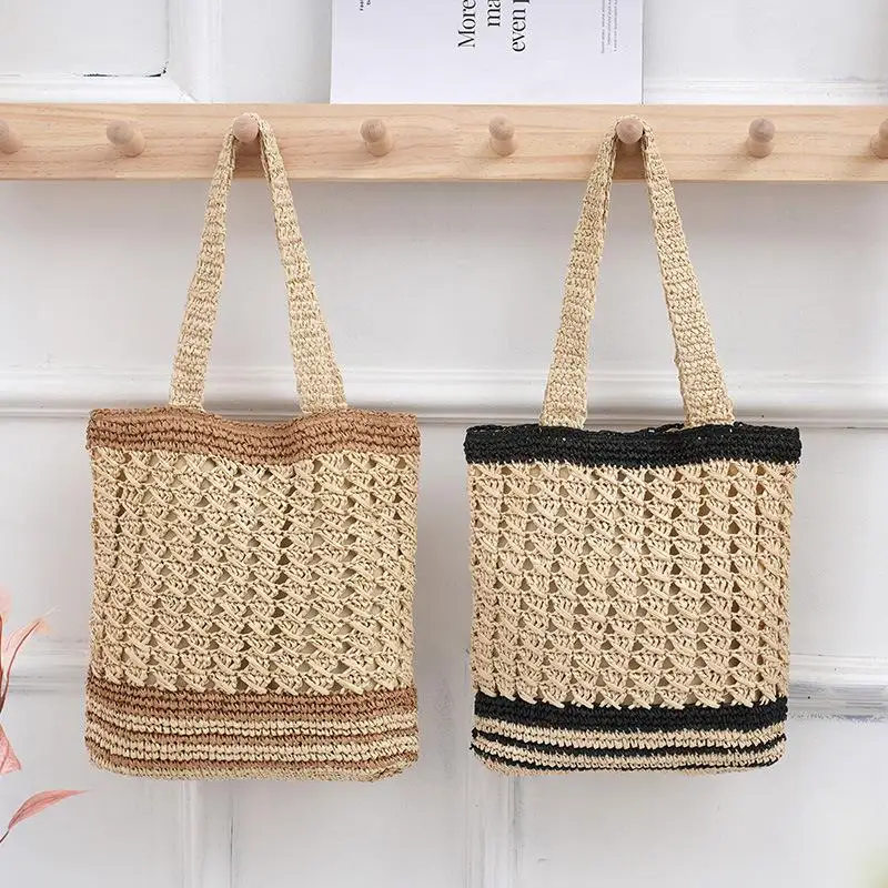 Ins Style Female Cotton Rope Shoulder Bags Casual Women Woven Tote Bag New Hollow Out Straw Handbags Vacation Seaside Beach Bag