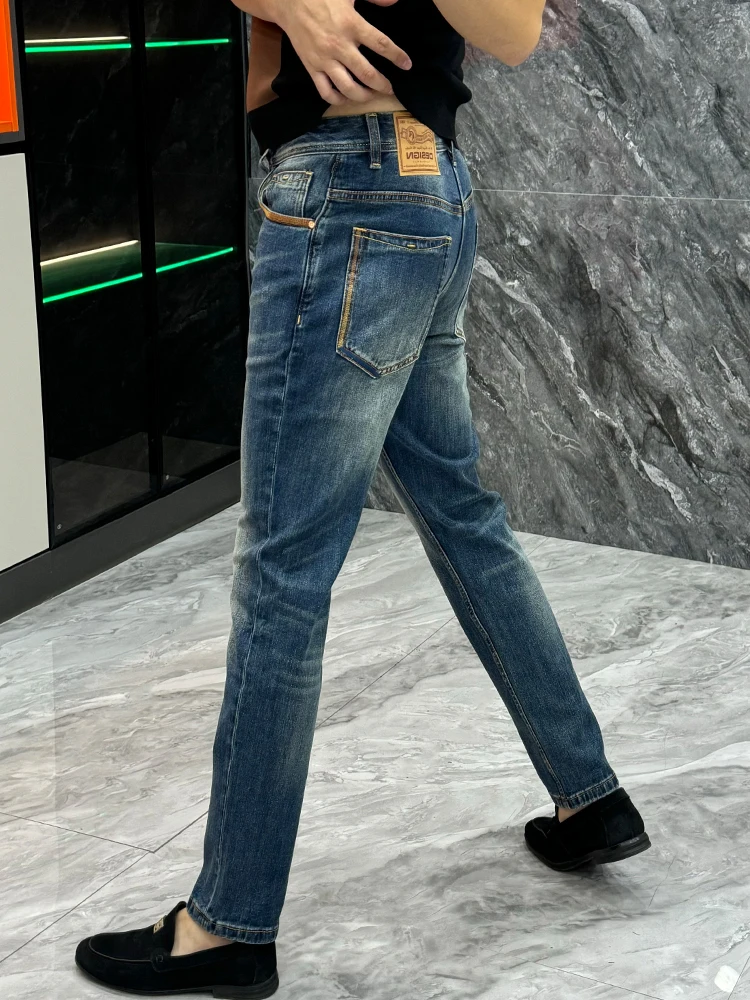 

Синие мужские прямые джинсы, модные роскошные повседневные джинсы Haome Personali, осень-зима, легкие универсальные облегающие джинсы