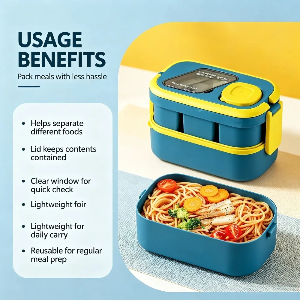 50oz Large Capacity Stackable Lunch Bento Box with Carry Handle, 4 Compartment Food Container, Matching Salad Bowl & Complete Utensils Included, Microwave Safe Meal Box for Daily Use view 3