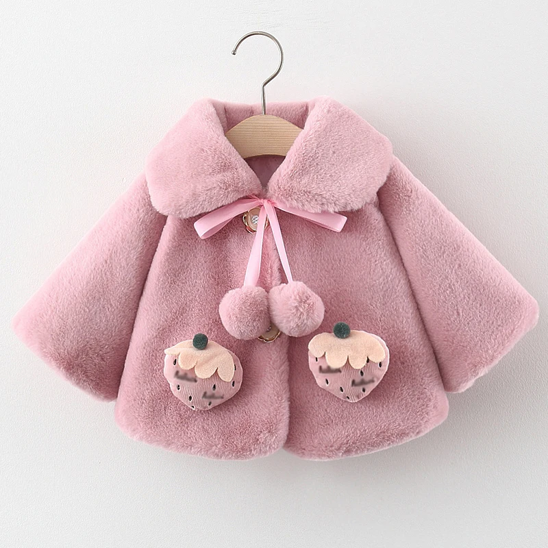 Winter Toddler Girl Clothes Cute Strawberry Doll Collar Warm Thick Faux Fur Baby Outerwear Children\'s Jackets Clothings BC1222-1