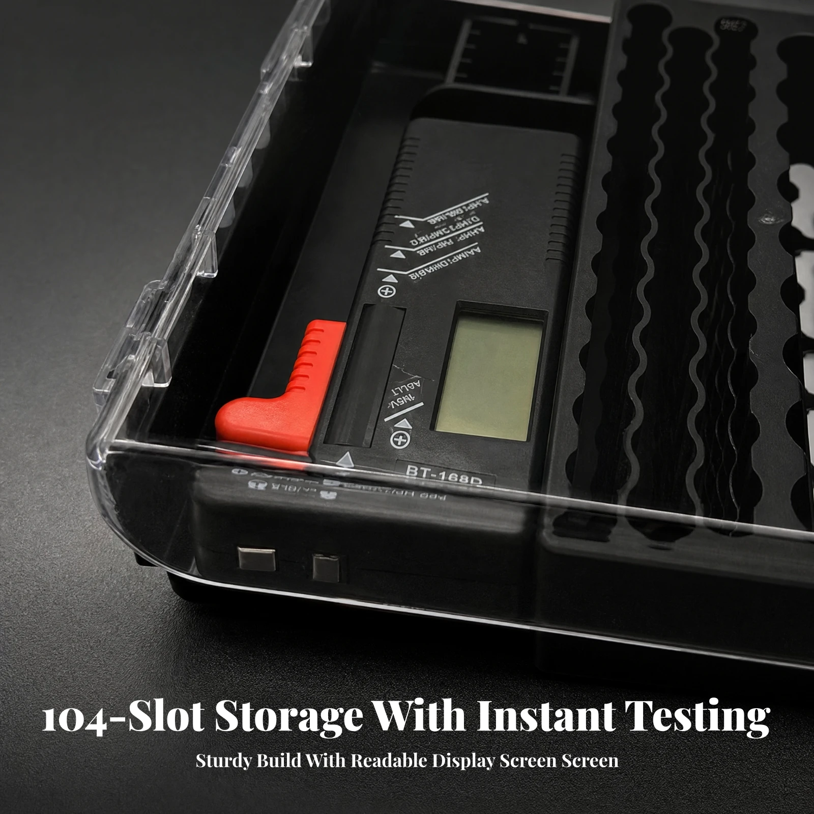 Storage Case Compact Covered Battery Organizer with LCD Tester for Home Workshop, Utility Drawer