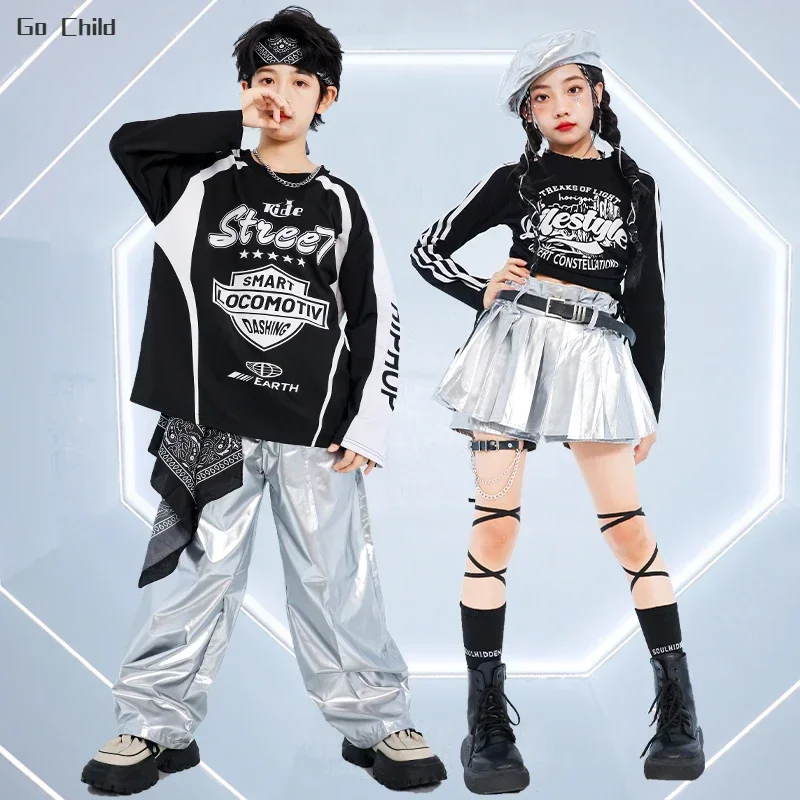 Girls K-pop Sweatshirt Street Dance Silver Pants Boys Hip Hop Shorts Shiny Clothes Set Kids Jazz Skirts Children Cool Streetwear