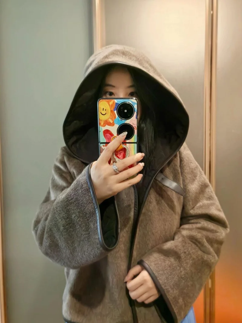 2024 New Fashion Winter Cotton Liner Warm Woolen Coat Women Hooded Leather Buckle Long Sleeve Brown Vintage Loose Chic Jacket