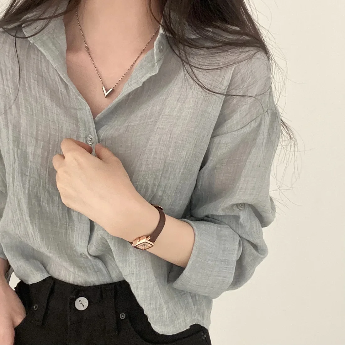 Korean Style Summer Long Sleeve Pleated Loose Short Shirt Polo Collar Single Button Pure Color Sun Protection Women's Blouse