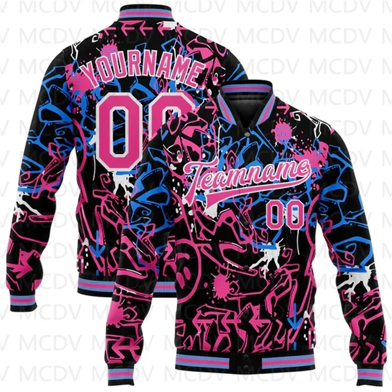 Custom Graffiti Pattern Navy-White Grunge Urban Street Art 3D Bomber Full-Snap Varsity Letterman Jacket