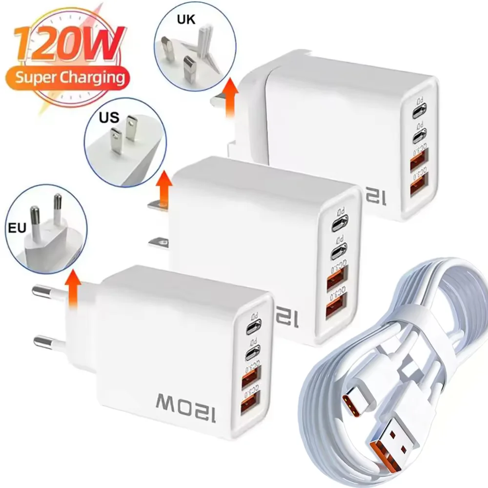 Total 120W 4 puertos USB cargador USB tipo C Cable de carga rápida cargador de teléfono dispositivo USB Universal adaptador de corriente cargador de pared QC3.0