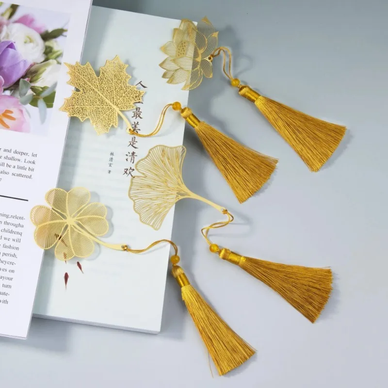 Chinese Style Ginkgo Biloba Lotus Maple Leaf Hollow Leaf Veins Metal Bookmark with Tassel High Quality Art Student Teacher Gift