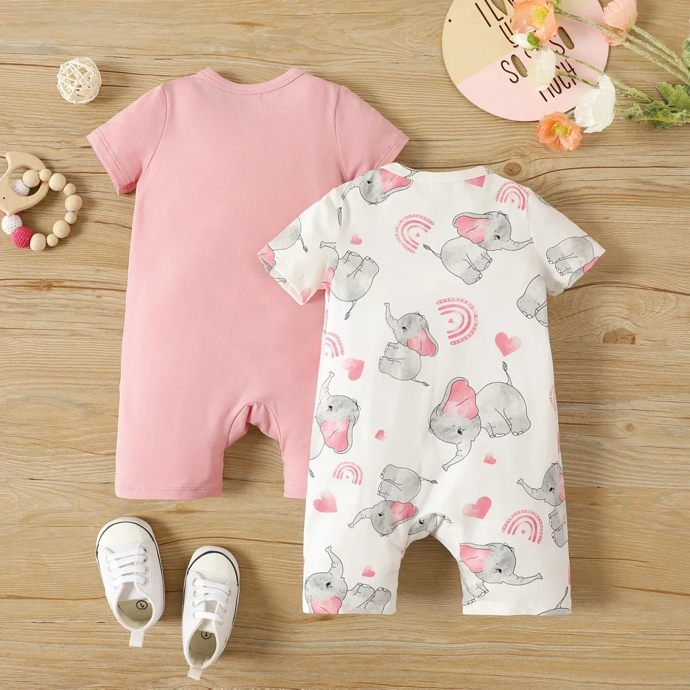 PatPat 2-Pack Naia Baby Girl Cotton Elephant Print/Pink Zipper Design Short-sleeve Rompers Suitable for Summer Season