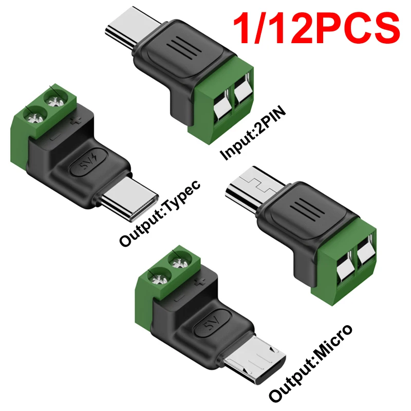 1/12PCS USB Type C Micro Male to 2Pin 5V/9V/12V Solderless Green Terminal OTG Screw Charger Plug For Phone PC Earphones Laptop