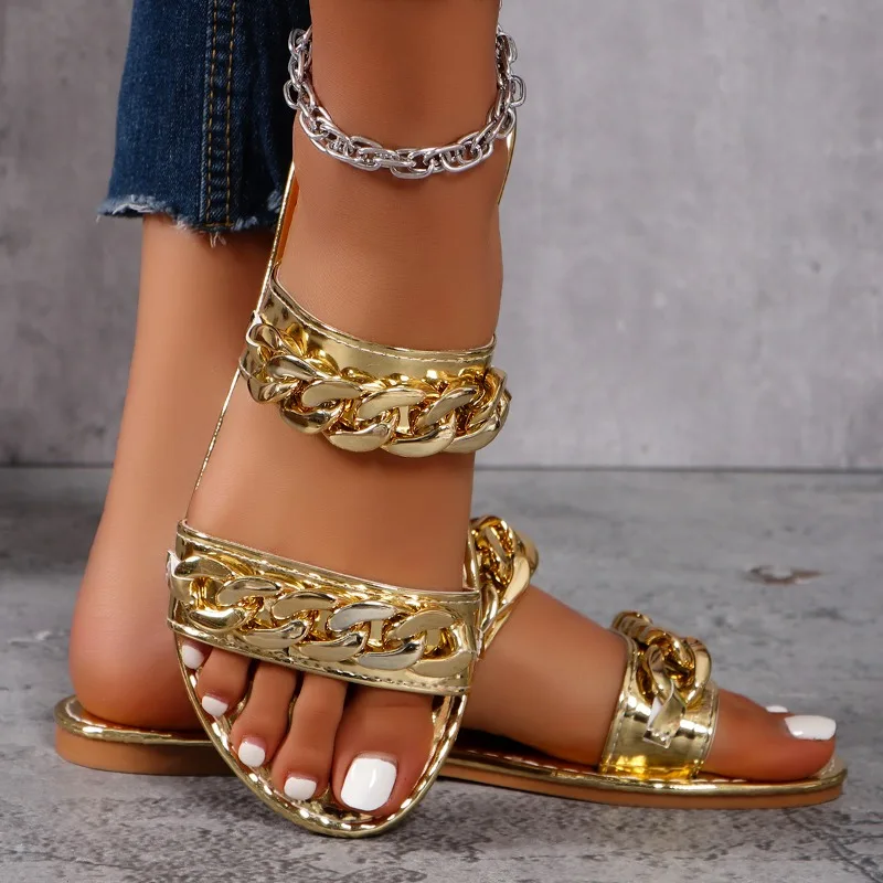 Women Slippers 2024 Summer Fashion Gold Sexy Elegant Flat Sandals Women Sandals Lightweight Comfortable Women Slippers Slides