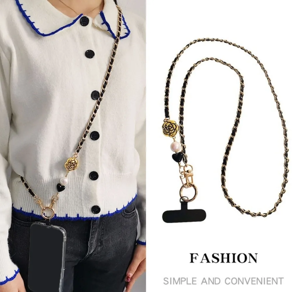 

Pearl Mobile Phone Diagonal Lanyard Camellia Metal Chain Crossbody Phone Rope Fashion Luxury Mobile Phone Strap Lanyard Patch