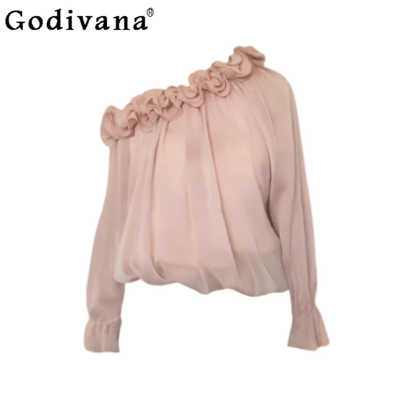 Jesienna bluzka plus size z trójwymiarowymi kwiatami, seksownym dekoltem typu slash neck, francuska, delikatna, z długim rękawem, różowa, odmładzająca bluzka dla dziewczyny.