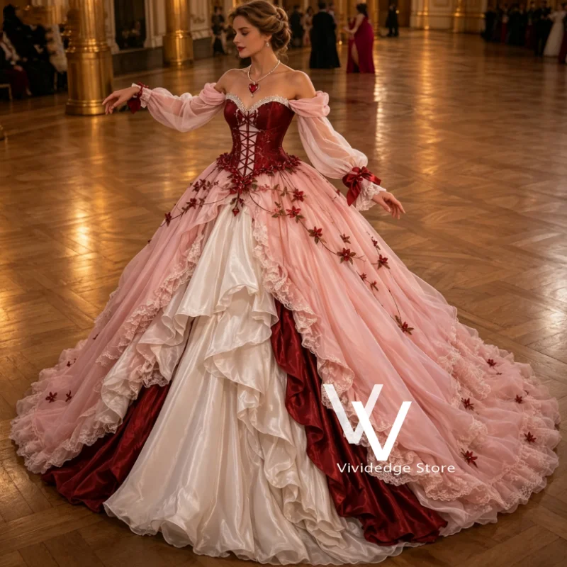 Rosa Burgunderrotes Viktorianisches Ballkleid mit Puffärmeln, Blumenapplikationen, Mehrlagiges A-Linien Mittelalterliches Prinzessinnen-Abendkleid 2026 Maßanfertigung