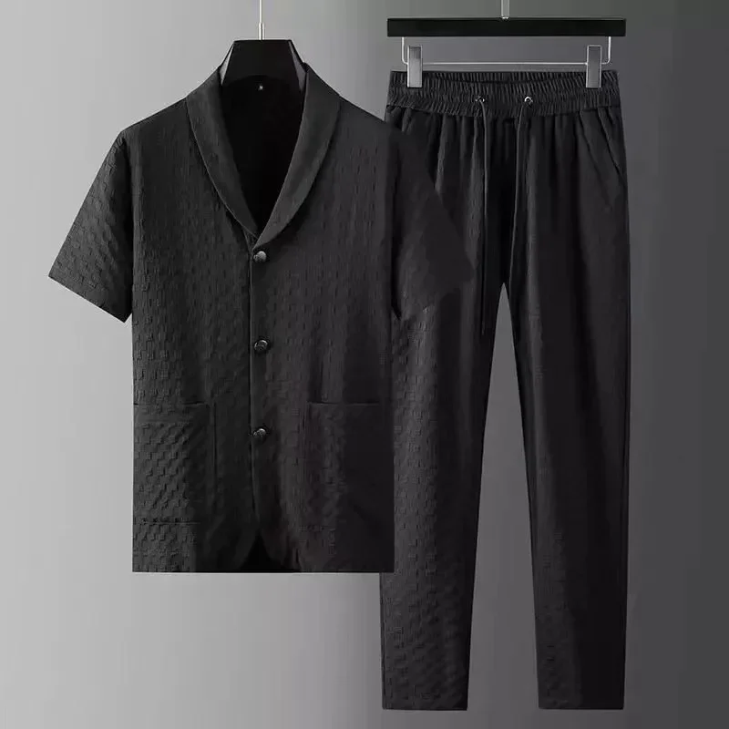 2Pcs Set Summer Men Casual Sports Suit Fashion Geometry Pattern Man Short Sleeve Blazer Shirt Top+Pants Business High End Outfit