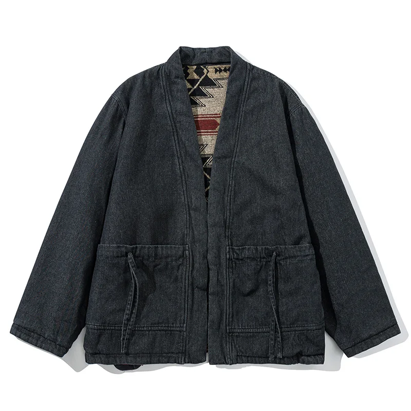 Fashion Vintage Reversible Coat Kimono Haori Winter Japanese Pocket Cardigan Warm Jacket Coat Traditional Asian Clothing 2024