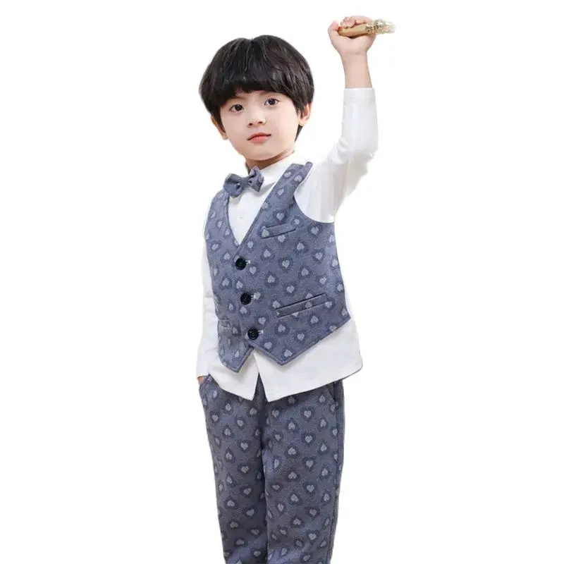 Boys Autumn 3Pieces Fake Vest T Shirt Pants Bowtie Photograph Suit Little Kids Easter Ceremony Dress Children Birthday Costume