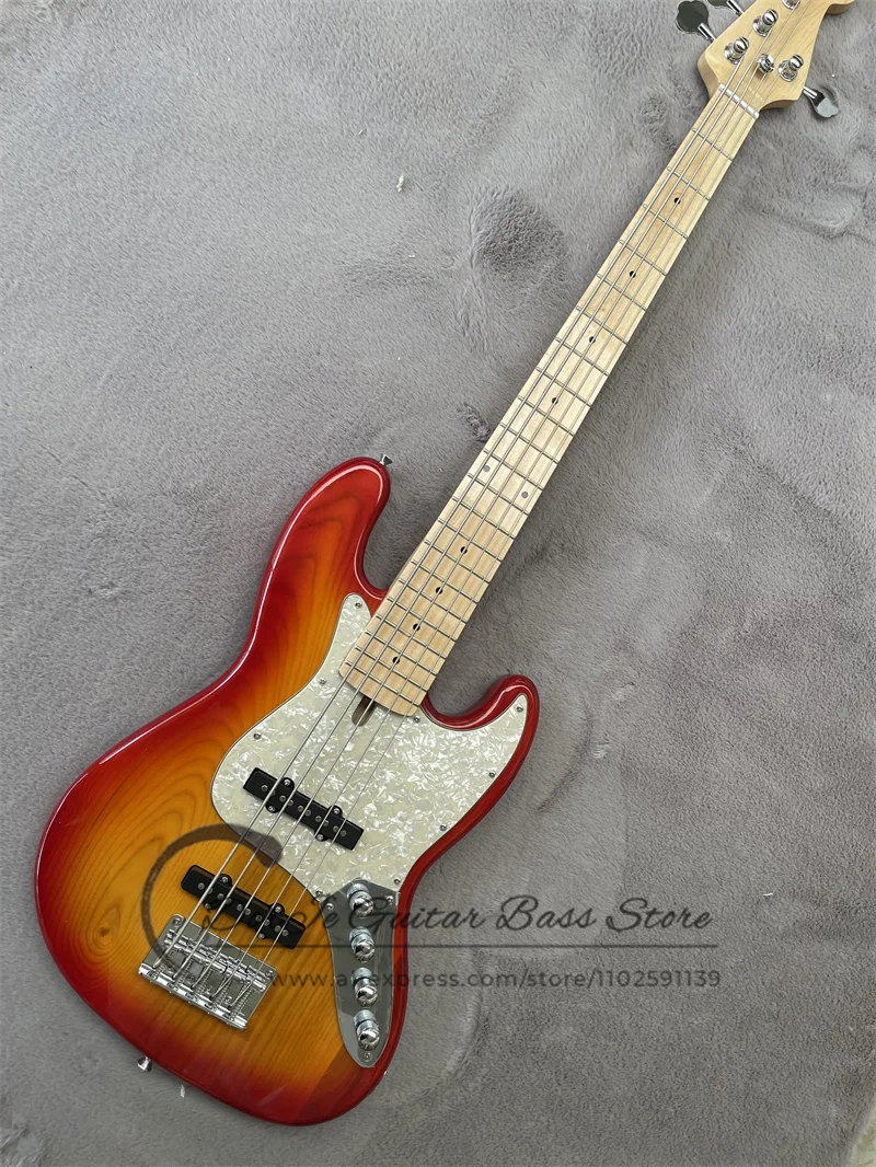 5 Strings Cherry Sunburst Bass Guitar ASH Wood Body Maple Neck Tail Adjustment Yellow Pearl Pickguard Active Battery