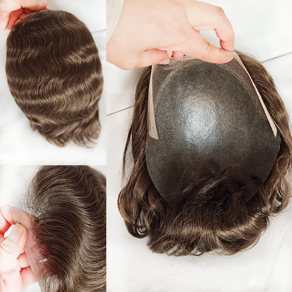 Swiss Lace Front Men's Hairpiece 0.06mm Thin Skin PU V-Looped European Human Hair Toupee 10x8 Hair Replacement Systems