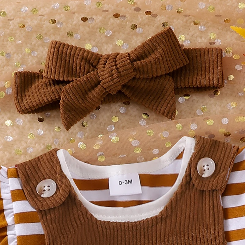 2024-05-18 Lioraitiin Baby Girl Thanksgiving Outfits Stripe Long Sleeve Romper Turkey Embroidery Overalls Dress Headband Set