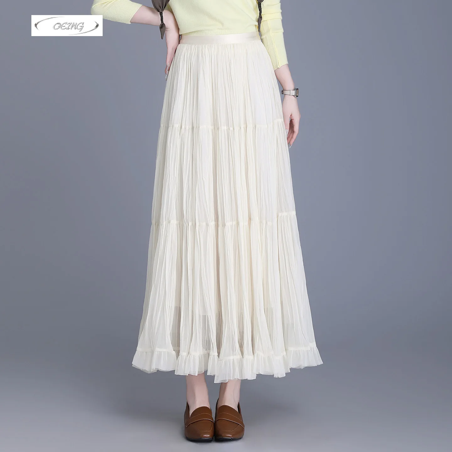 

Женская эластичная юбка с высокой талией, плиссированная, свободного кроя, однотонная, для весны и лета, элегантная, повседневная, длинная, модель 9379