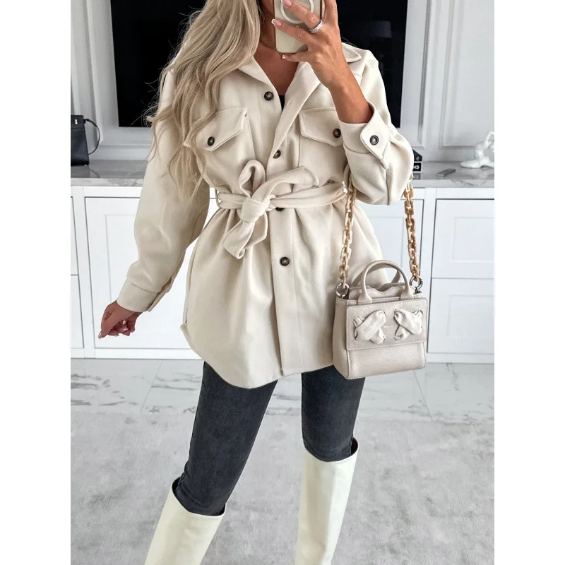 New Autumn and Winter Fashion Strapped Solid Color Woolen Jacket Women's Tops winter women coat warm 2023