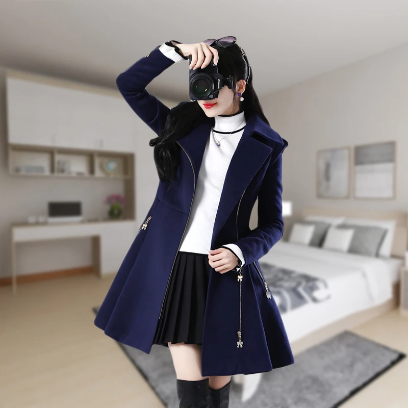 Dark Blue Zipper Wool Coat Women\'s Winter Warm Tops Mid-Length Slim Long-Sleeved Outwear Clothing Chic Woolen Jacket Female 2023