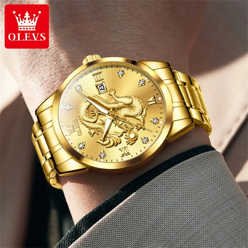 OLEVS 3619 Men\'s Watch Luxury Dragon Dial Diamond Watch Brand Business Waterproof Stainless Steel Calendar Men\'s Quartz Watch