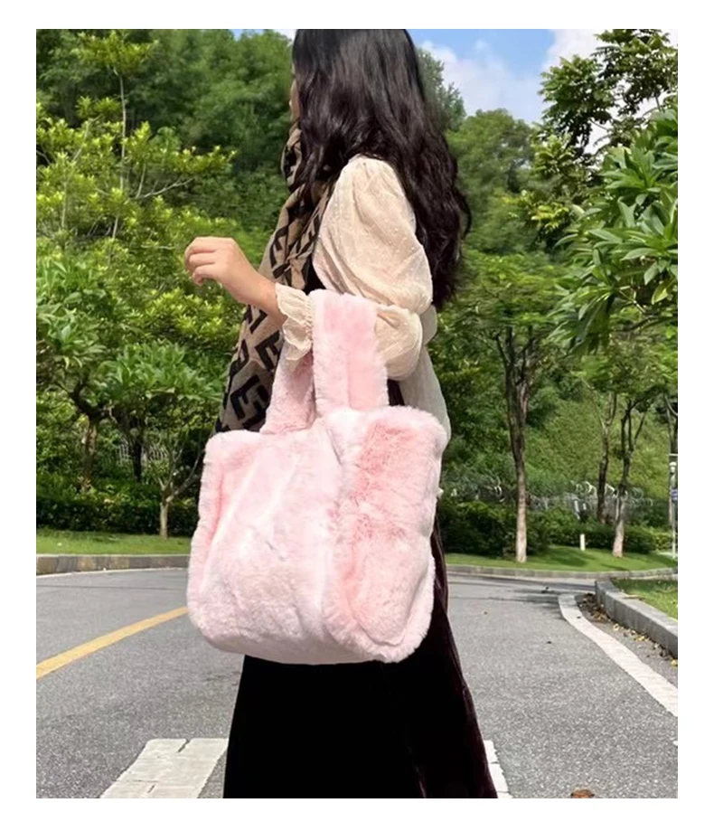 MABULA Dopamine Color Plush Faux Fur Square Tote Handbag Winter Ladies Commuter Bag Stylish Simple Large Capacity Shopping Purse