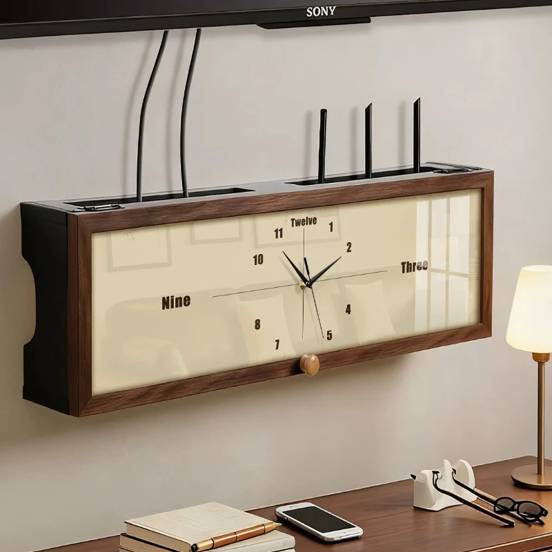 Retro Clock Router Storage Box, No Drill Cable Hider for Set Top, Eco Material Socket Shelf, Swing Door Wire Cord Organizer