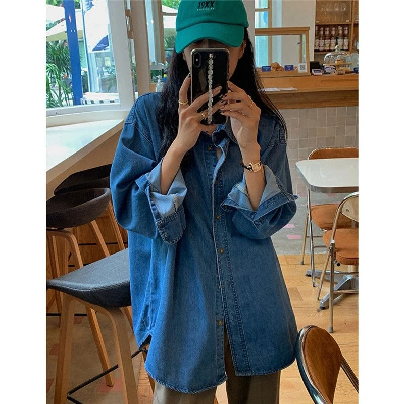 

Blue Denim irt Women's Loose Fit Hong Kong Sle Retro Chic Coat Spring Autumn New Arrival Cotton Blend Long Sve Co...